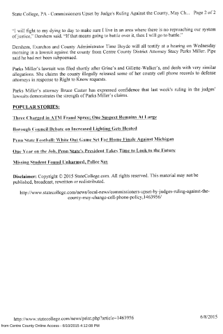 A printed news article page discussing legal actions against a county, including quotes and headlines about ATM fraud, lighting debates, Penn State football, and missing students.