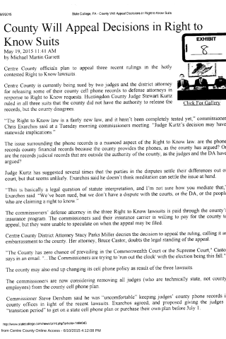 A newspaper article about Centre County officials appealing Right to Know lawsuit rulings, featuring a photo of three men at a table.