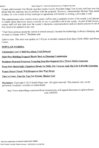 A printed news article page from StateCollege.com dated 6/9/2015 discussing Centre County decisions on right to know suits, with popular stories listed below.