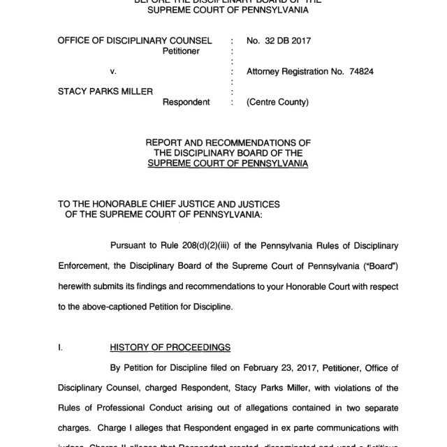 A scanned legal document titled 'Report and Recommendations of the Disciplinary Board of the Supreme Court of Pennsylvania' regarding Stacy Parks Miller.