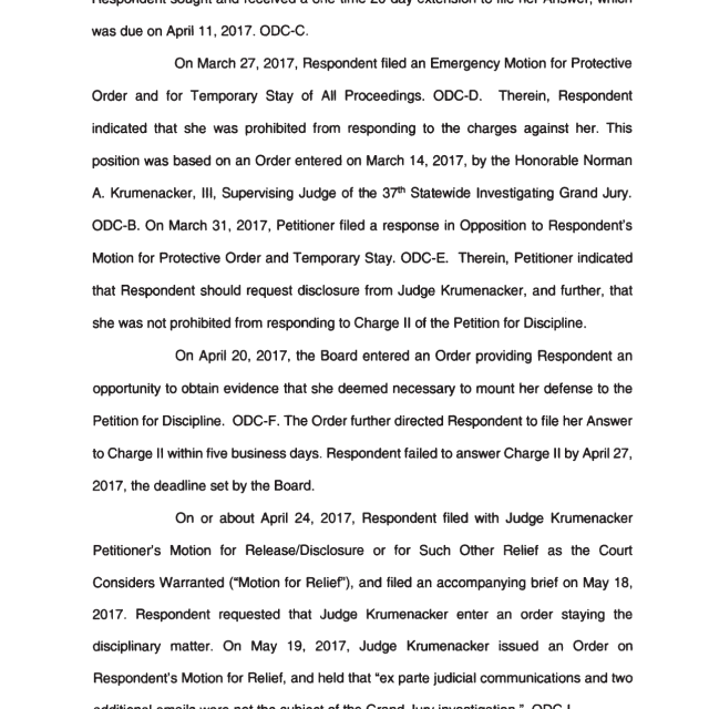 A scanned legal document page showing text about a Respondent's motion for protective order and disciplinary proceedings.