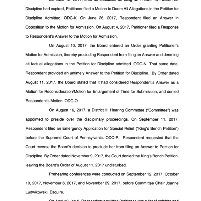 A scanned page from a legal document detailing procedural history in a disciplinary case involving dates and motions.