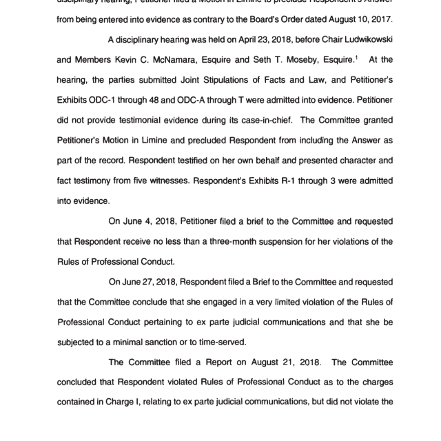 A scanned page from a legal document detailing disciplinary proceedings, including dates, committee members, and evidence lists.