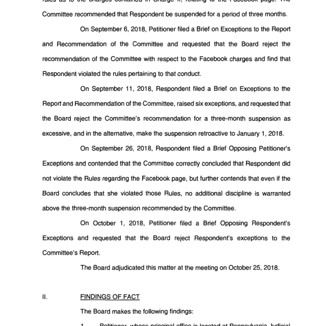 A scanned legal document page showing procedural history and findings of fact regarding a suspension order.