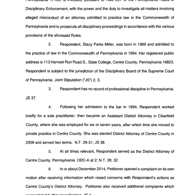 A scanned legal document page containing numbered paragraphs about a respondent named Stacy Parks Miller, her admission to the bar in Pennsylvania, and disciplinary proceedings.