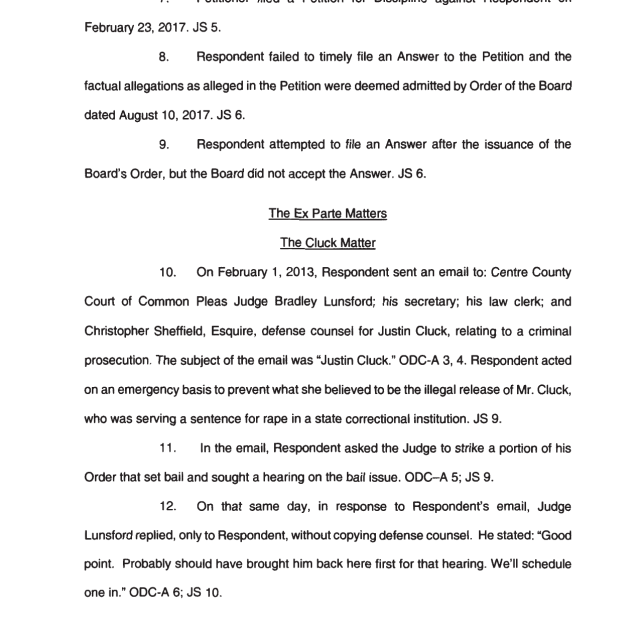A scanned legal document page showing numbered paragraphs discussing a petition for discipline, ex parte matters, and email correspondence involving Judge Bradley Lunsford and Just