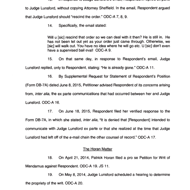 A scanned legal document page showing numbered paragraphs discussing ex parte communications between a respondent and Judge Lunsford, including email excerpts and references to cou