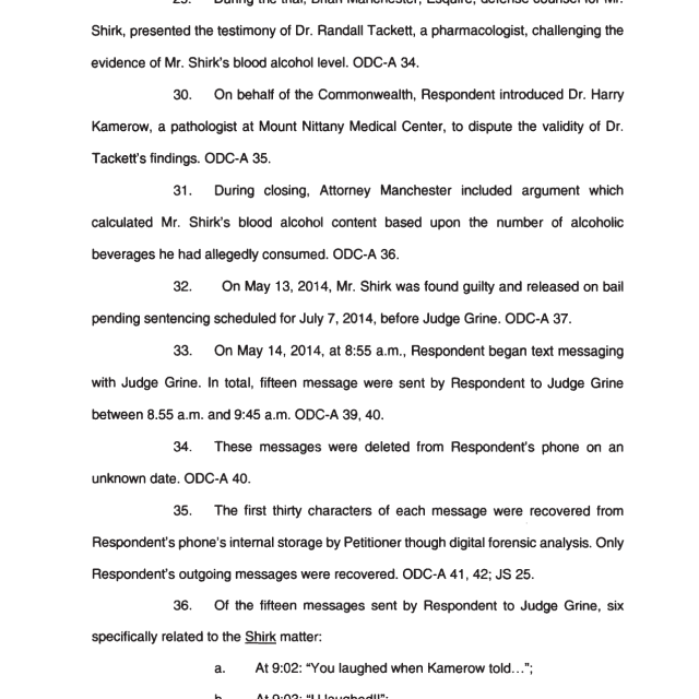 A scanned legal document page showing numbered paragraphs discussing a trial, blood alcohol evidence, text messages to Judge Grine, and the Shirk matter.