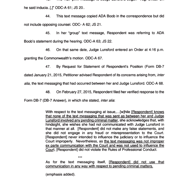 A scanned legal document page showing numbered paragraphs discussing text messaging between a respondent and Judge Lunsford, including excerpts from a verified response.
