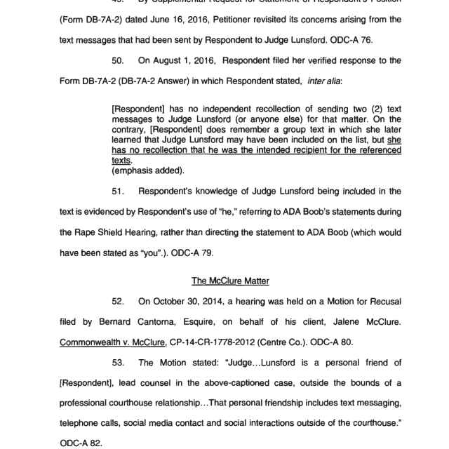 A scanned legal document page showing numbered paragraphs discussing text messages to Judge Lunsford and the McClure Matter, with underlined emphasis on respondent's lack of recoll