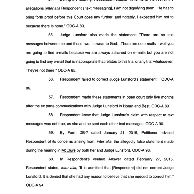 A scanned page from a legal document showing numbered paragraphs discussing court statements about text messages and emails.