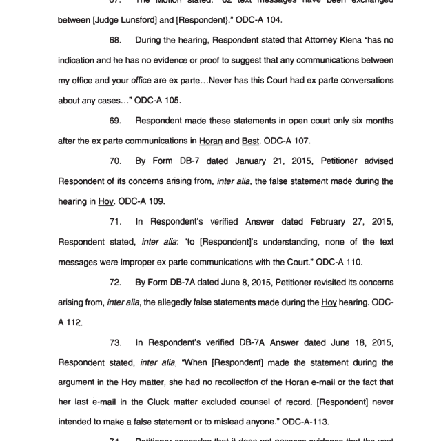 A page from a legal document showing numbered paragraphs discussing text messages, ex parte communications, and court hearings.