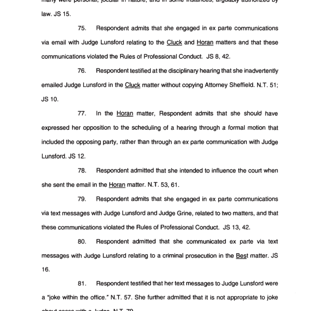 A scanned page from a legal document containing numbered paragraphs discussing ex parte communications and violations of professional conduct rules.