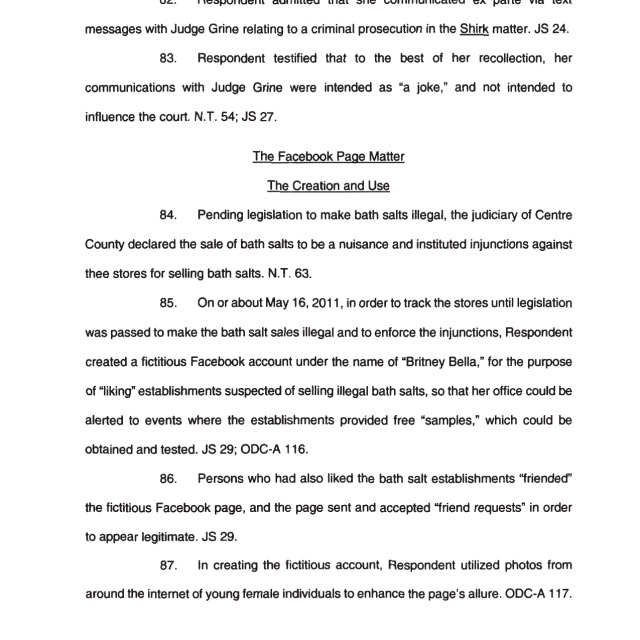 A scanned legal document page showing numbered paragraphs discussing communications with Judge Grine and the creation of a fictitious Facebook account for tracking bath salt sales.