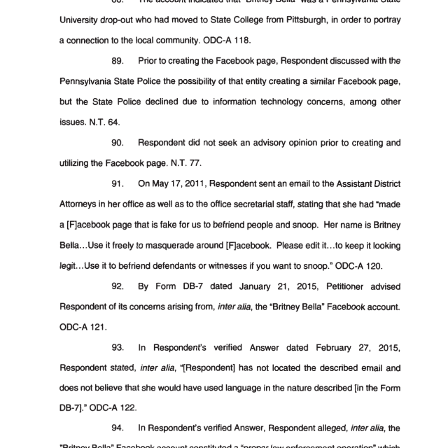 A scanned legal document page showing numbered paragraphs discussing a Facebook account named 'Britney Bella', email communications, and law enforcement concerns.