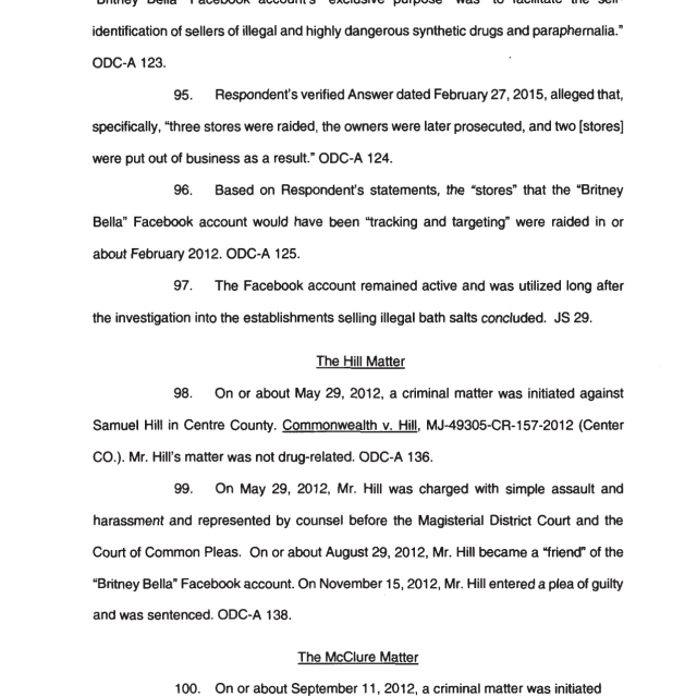 A scanned legal document page with numbered paragraphs discussing Facebook accounts, criminal matters, and court cases.