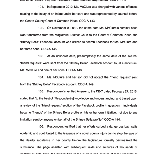 A scanned legal document page with numbered paragraphs discussing Ms. McClure's criminal case and Facebook activity.
