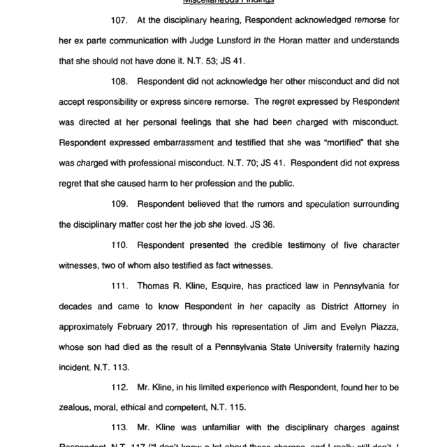 A scanned legal document page titled Miscellaneous Findings containing numbered paragraphs discussing disciplinary hearings and witness testimony.