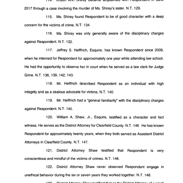 A scanned legal document page showing numbered paragraphs describing witness testimonies about a respondent's character and conduct.