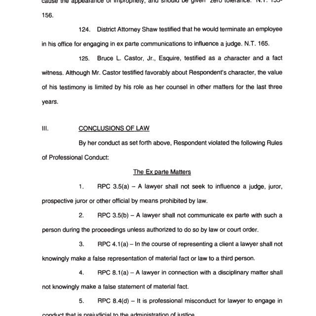 A scanned legal document page showing numbered paragraphs and a section titled 'CONCLUSIONS OF LAW' listing Rules of Professional Conduct violations.