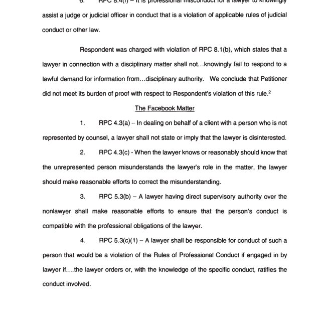 A scanned legal document page showing text about RPC rules, including references to Facebook Matter and professional misconduct.