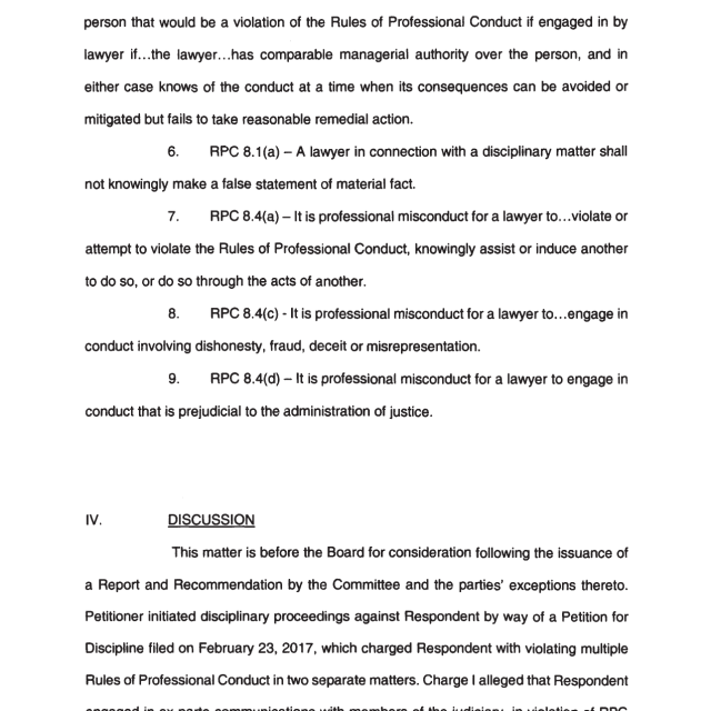 A scanned legal document page listing Rules of Professional Conduct (RPC) violations and a discussion section regarding disciplinary proceedings.