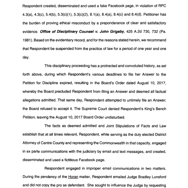 A scanned page from a legal disciplinary order containing text about ethical misconduct, Facebook usage, and suspension recommendations.