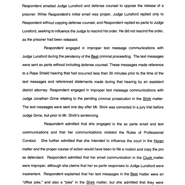 A scanned page from a legal document discussing improper communications with judges in criminal proceedings.