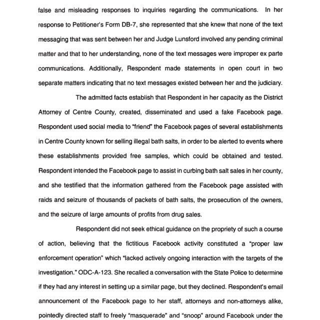 A scanned page from a legal document discussing communications, false responses, Facebook activity, and law enforcement operations.