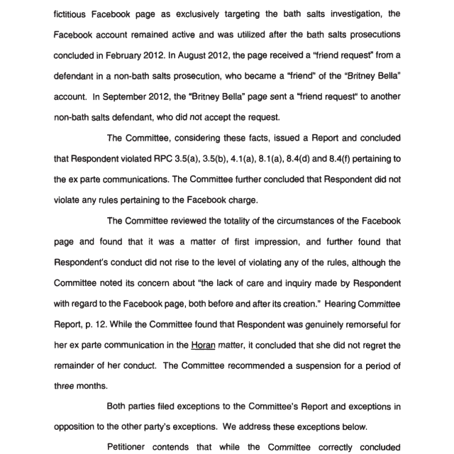 A scanned page from a legal document discussing committee findings on ex parte communications and Facebook usage violations.