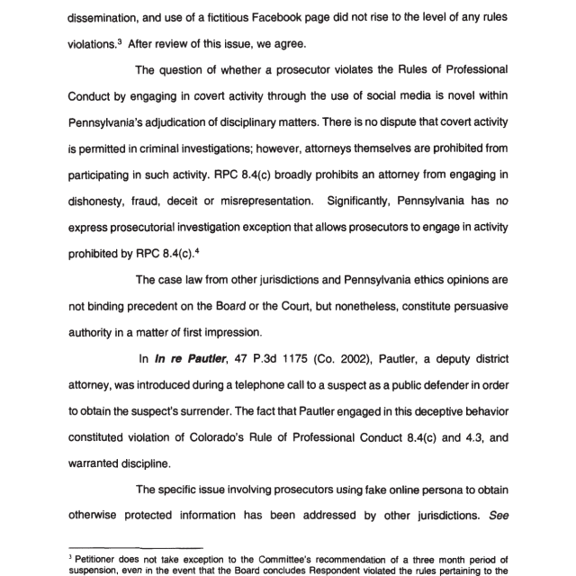 A scanned page from a legal document discussing prosecutor conduct rules and social media use.