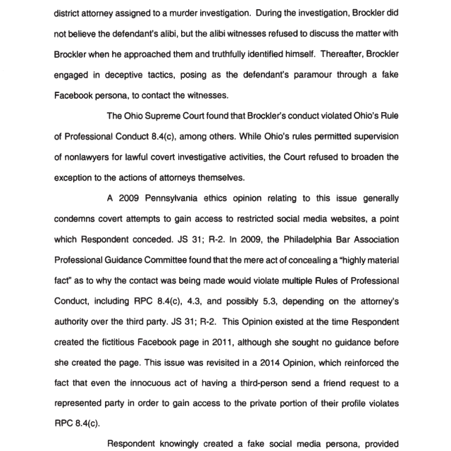 A scanned page from a legal document discussing attorney ethics cases involving covert social media investigation tactics.
