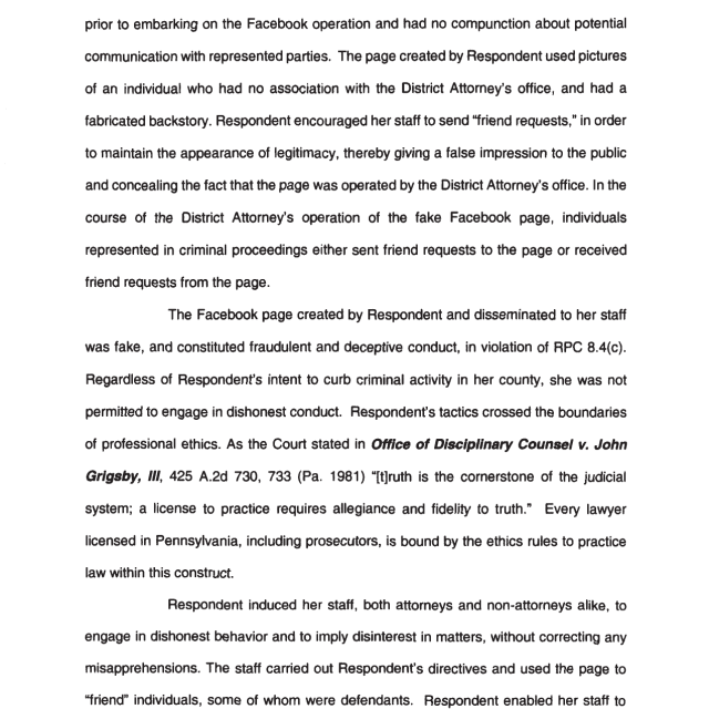 A page from a legal document discussing Facebook operations by the District Attorney's office and ethical violations.