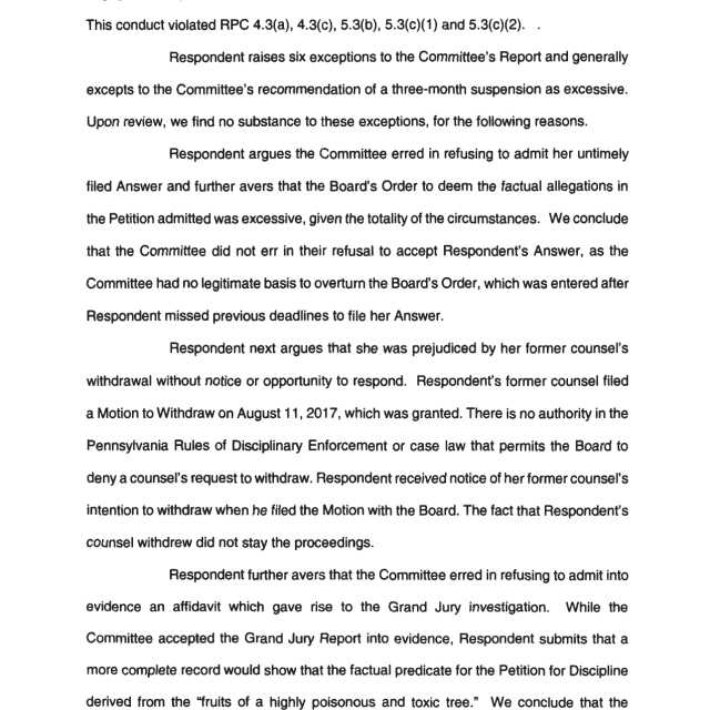 A page from a legal document discussing disciplinary proceedings, mentioning RPC rules, respondent exceptions, and committee findings.