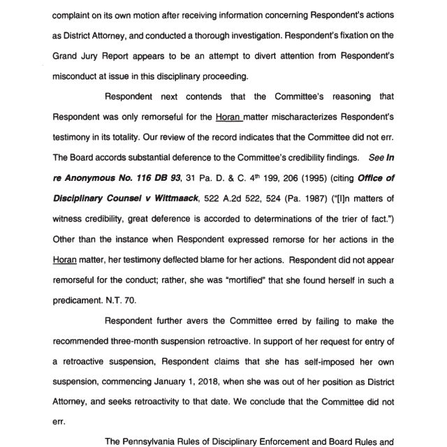 A scanned page from a legal document discussing disciplinary proceedings, mentioning the Horan matter and retroactive suspension.