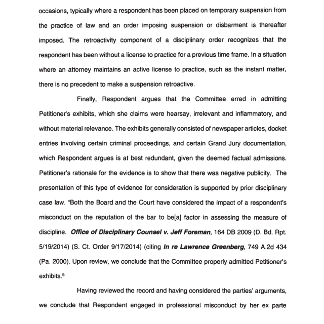 A scanned page from a legal document discussing suspension retroactivity, evidence admissibility, and professional misconduct.