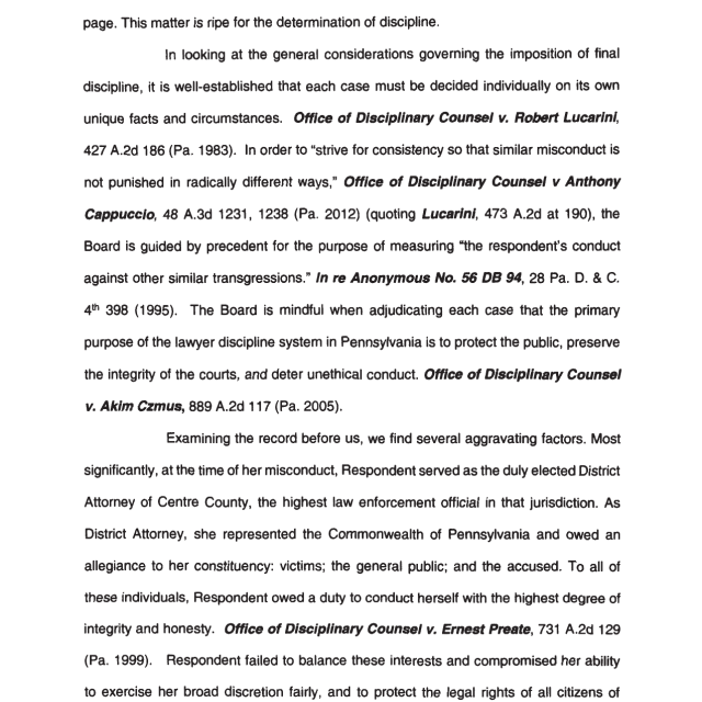 A scanned page from a legal document discussing lawyer discipline in Pennsylvania, citing case law and describing aggravating factors of misconduct.