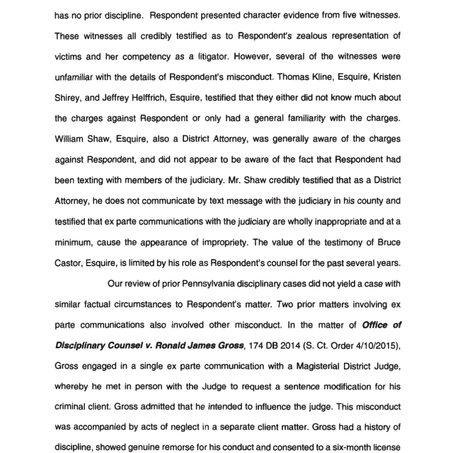 A scanned page from a legal document discussing respondent's character evidence and prior disciplinary cases in Pennsylvania.