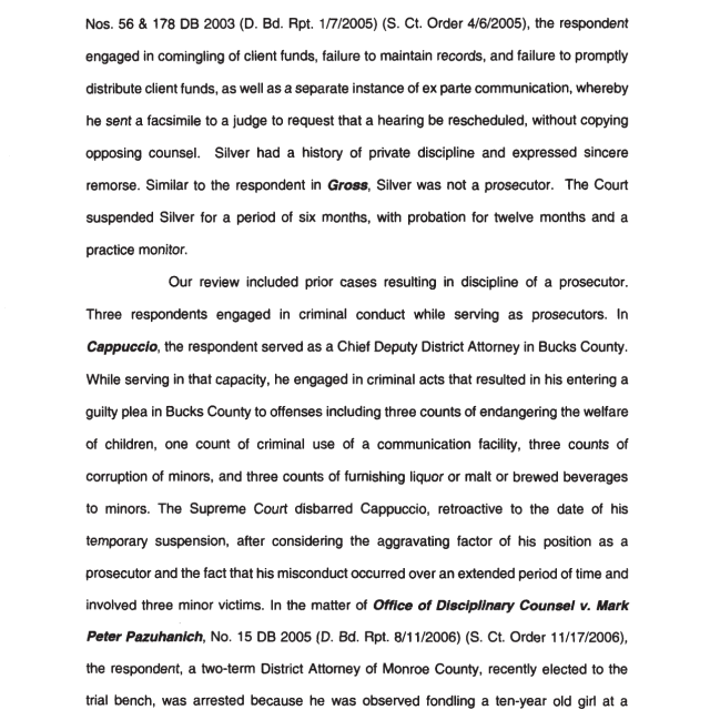 A scanned page from a legal document discussing disciplinary cases against prosecutors, including Gary Scott Silver and Mark Peter Pazuhanich.