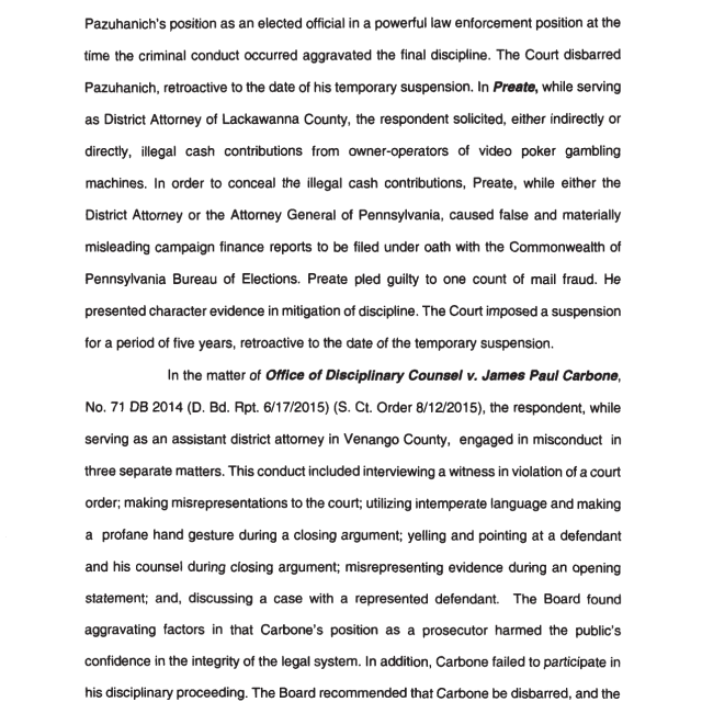 A scanned page from a legal document discussing disciplinary actions against attorneys Pazuhanich and Carbone.