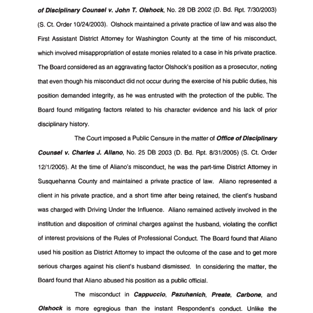 A scanned page from a legal document discussing disciplinary actions against attorneys, including references to Olshock and Allano cases.