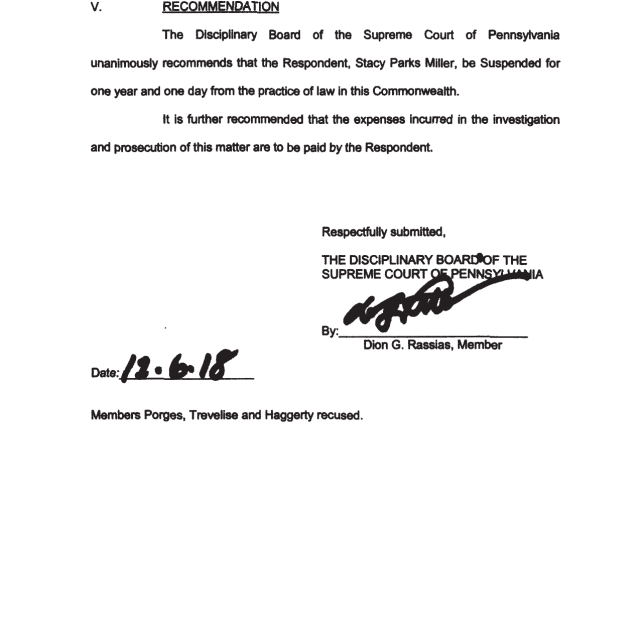 A scanned page from a legal document showing the recommendation section of a disciplinary board decision against Stacy Parks Miller, including signatures and date.