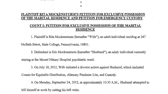 Legal petition filed by Rita Mockensturm requesting exclusive possession of marital residence and emergency custody. A scanned legal document titled 'Plaintiff Rita Mockensturm's Petition for Exclusive Possession of the Marital Residence and Petition for Emergency Custody' from Centre County, Pen