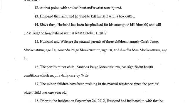 Scanned text from a 2012 legal petition detailing a marital incident and family circumstances. A scanned legal document page containing numbered paragraphs describing a domestic incident involving a husband and wife, including details about hospitalization, self-harm attempt