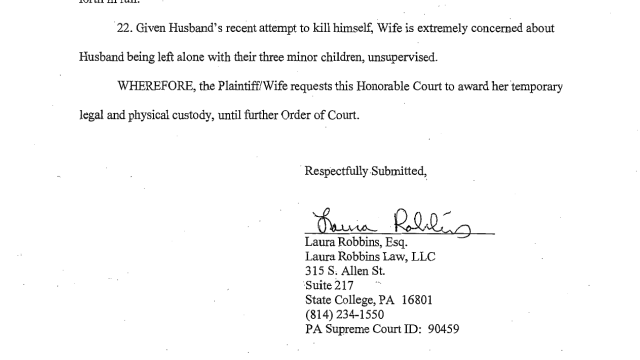 Scanned page of a legal petition requesting temporary custody. A scanned legal document page showing a petition for emergency custody with numbered paragraphs and attorney signature.