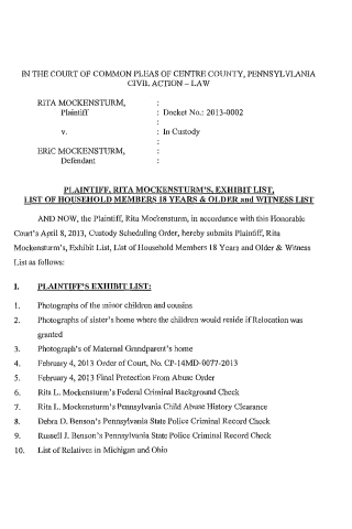 Exhibit list from a 2013 custody case involving Rita Mockensturm. A legal document titled 'Plaintiff, Rita Mockensturm's Exhibit List' listing household members and witness information for a civil action in Centre County, Pennsylvania.