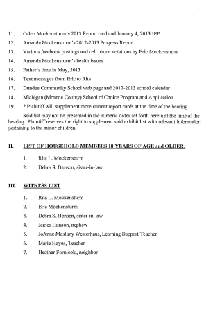 Exhibit list and witness roster from a 2013 legal case. A scanned document page listing legal exhibits and witness names for a case involving the Mockensturm family.