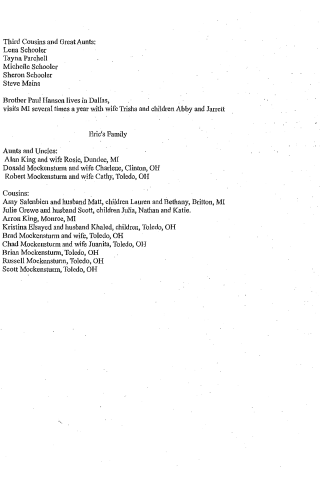 A typed list of third cousins, great aunts, and Eric’s family members with their locations. A typed document listing family members including cousins, great aunts, and relatives with locations in Michigan and Ohio.