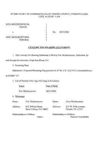 A legal document titled Custody Pre-Hearing Statement from Centre County, Pennsylvania, listing parties and witness information.