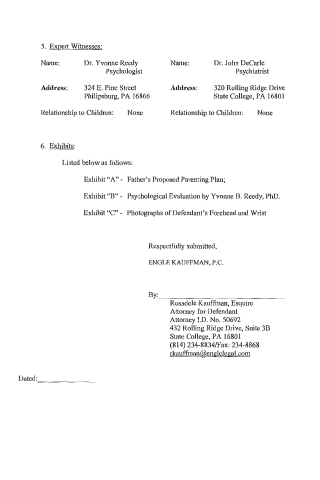 A scanned legal document page listing expert witnesses and exhibits for a case, including names, addresses, relationships, and exhibit descriptions.